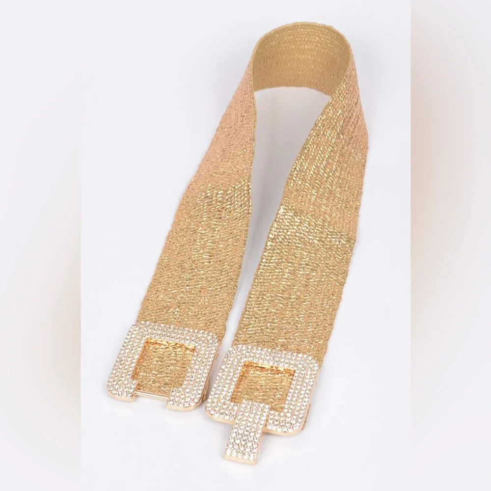 Plus Size Metallic Gold Straw Elastic Statement Belt